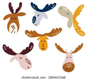 Moose heads set. Funny animals characters. Scandinavian style flat design. Concept for children print. Hand Draw Vector illustration.