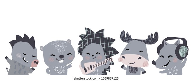 Moose, hedgehog, wolf, boar, beaver musik band cute banner. Animals dance, plays guitar, lisen headphones. Rosk or retro dicko musik party set. Cool illustration for nursery poster, kids t-shirt print