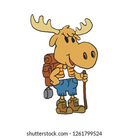 Moose hiker with backpack cartoon 