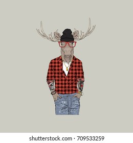 moose hipster, furry art illustration, fashion animals