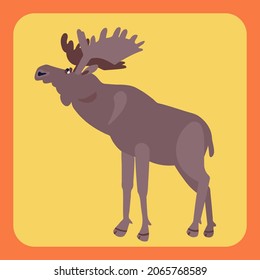 Moose with horns. Stylized drawing in flat style. Vector hand drawn illustration. 