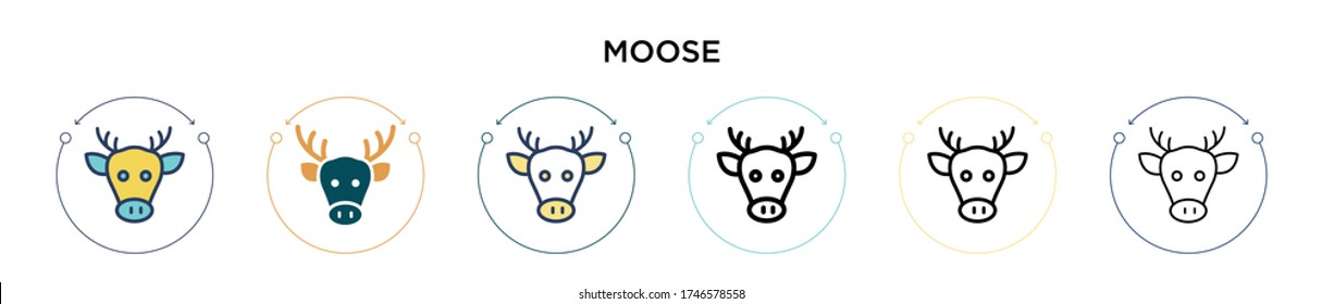 Moose icon in filled, thin line, outline and stroke style. Vector illustration of two colored and black moose vector icons designs can be used for mobile, ui, web