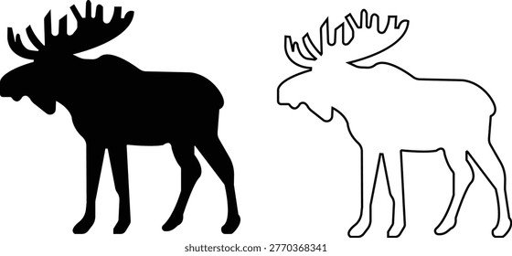 Moose icon set collection group, elk moose silhouette outline animal vector pack, antler wildlife forest mammal symbol, flat and line style black icons isolated on transparent background