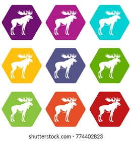 Moose icon set many color hexahedron isolated on white vector illustration