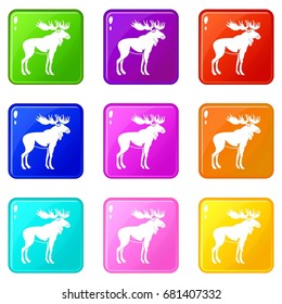 Moose icons of 9 color set isolated vector illustration