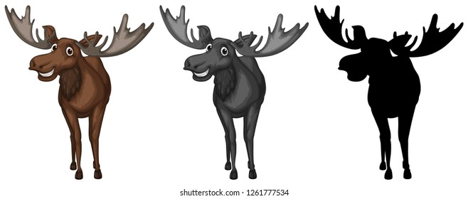 Moose isolated in color, grey and silhouette