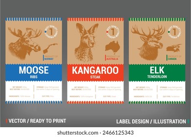 Moose, Kangaroo and Elk Game Meat Packaging Label vector design set. Including hand drawn rustic illustration on craft paper pack. Badge with county of produce and type of meat cuts