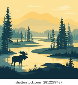 Moose lake sunrise illustration with pine forest mountains and calm wilderness view for travel poster background template and wildlife landscape design