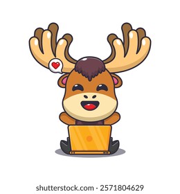 moose with laptop cartoon vector illustration. Vector cartoon Illustration suitable for poster, brochure, web, mascot, sticker, logo and icon.