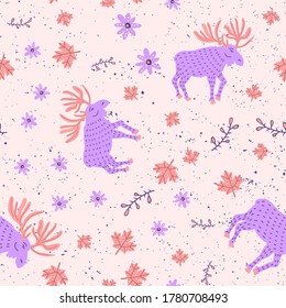 Moose, leaves, flowers. Seamless pattern, great design for any purposes. Abstract modern graphic element. Geometric background fashion pattern. Abstract cover, backdrop, pattern, wallpaper.