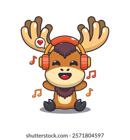 moose listening music with headphone cartoon vector illustration. Vector cartoon Illustration suitable for poster, brochure, web, mascot, sticker, logo and icon.