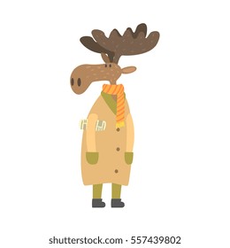 Moose In Long Coat With Newspaper Under Arm, Forest Animal Dressed In Human Clothes Smiling Cartoon Character