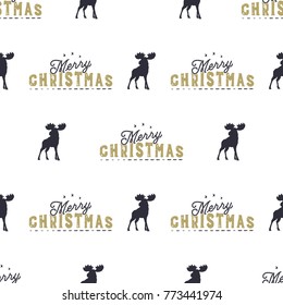 Moose and merry christmas lettering pattern. Wild animal symbols seamless background. Moose icons. Retro xmas wallpaper. Vintage holiday Stock vector illustration isolated on white.