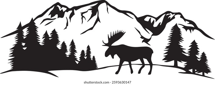 Moose in mountains black and white vector