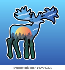 Moose and nature double exposure illustration. Forest landscape in wild animal silhouette sticker