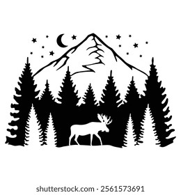 Moose in Nature, Wildlife, Hand Drawn Vector Illustration