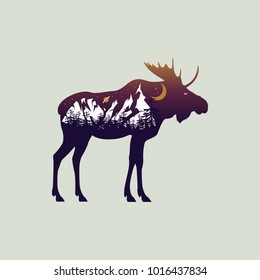 moose and night mountain landscape double exposure, space view, fantasy  style. Vector illustrations