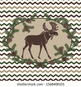 
Moose in an oval with pine branches on a background of zigzags.Hand drawn vintage hunting card. Vector illustration.