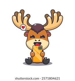 moose with phone cartoon vector illustration. Vector cartoon Illustration suitable for poster, brochure, web, mascot, sticker, logo and icon.