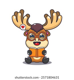 moose reading a book cartoon vector illustration. Vector cartoon Illustration suitable for poster, brochure, web, mascot, sticker, logo and icon.