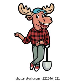 Moose in red plaid shirt character. Vector hand drawn illustration