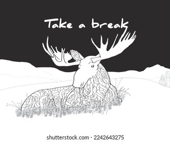 Moose resting on the hill. Line art.
