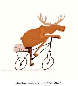 Moose riding bicycle design for kids, nursery design, cycling or racing symbol. Funny and cute animal print for textile, t shirt or cards for children. Vector hand drawn cartoon.