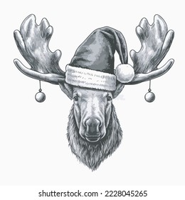 Moose Santa Hat Vector Illustration Tshirt Design Logo Icon Christmas Greeting Card