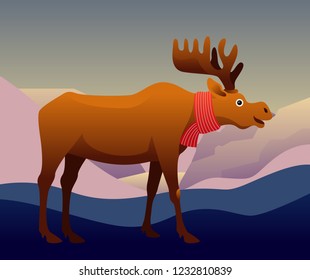moose with scarf in mountain landscape background vector illustration