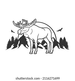 Moose Szene Illustration Clip Art Design Form. Gebirge Außenbereich Silhouette Symbol Vektorgrafik.