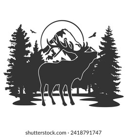 Moose Szene Illustration Clip Art Design Form. Gebirge Außenbereich Silhouette Symbol Vektorgrafik.