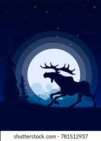 Moose silhouette moonlight. Landscape Flat Design.