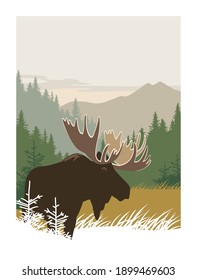 Moose silhouette on wild forest and mountains background