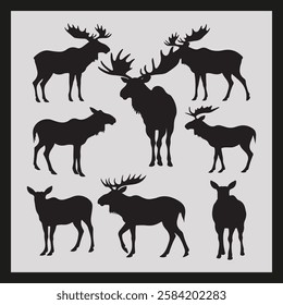 Moose silhouette set Clipart on a hex color background