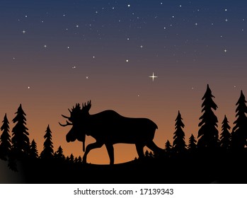 Moose silhouetted against an evening twilight sky