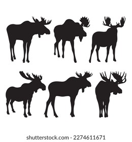 Moose silhouettes, forest animals set stencil templates for design svg