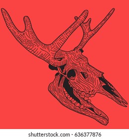 moose Skull of an animal on a red background, for printing on a T-shirt, element of design, stamp stickers, banner on the site, logo of the tattoo salon,  graphics, vector image, dots art