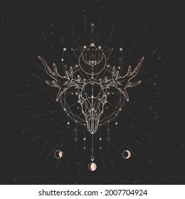 Moose skull and Sacred geometric symbol on black vintage background. Abstract mystic sign. Gold linear shape.