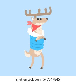 Moose Standing In Padded Coat, Arctic Animal Dressed In Winter Human Clothes Cartoon Character