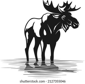 Moose standing in the water vector illustration in one color 