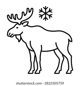 A moose stands in a cold winter scene with a snowflake above, large antlers visible