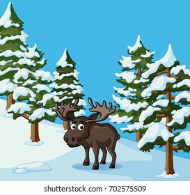 Moose stands in snow field illustration