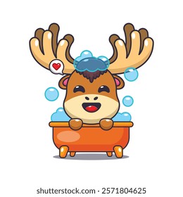 moose taking bubble bath in bathtub cartoon vector illustration. Vector cartoon Illustration suitable for poster, brochure, web, mascot, sticker, logo and icon.