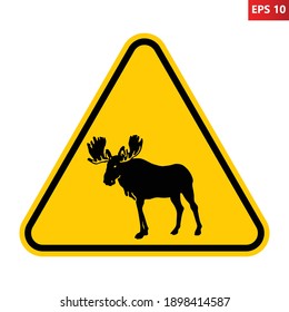 Moose traffic sign. Vector illustration of yellow triangle warning sign with elk icon inside. Caution deer isolated on background. Symbol used on roads close to forests. Symbol of Norway and Sweden.