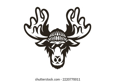 moose use cap and glasses sunglasses, moose black white vector logo