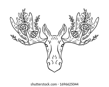 Moose vector illustration, animal head decorated with flowers, outline coloring illustration