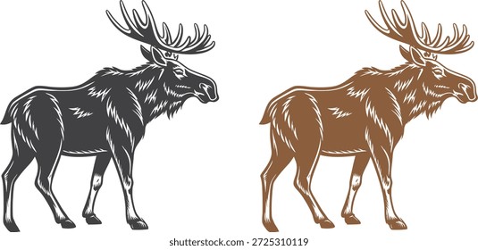 Ilustración vectorial de alce en variaciones de color negro y marrón. Ciervo salvaje majestuoso con las astas Grandes, obra de arte potente de la fauna, diseño detallado del arte de la línea aislado en el fondo blanco.