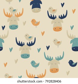 Moose, vector seamless pattern with hearts and birds