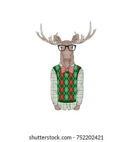 moose wearing  Merry Christmas outfits, furry art illustration