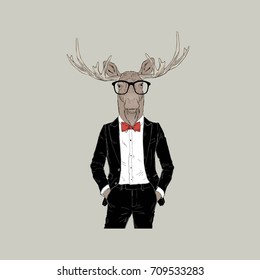 moose wearing tuxedo, anthropomorphic illustration, fashion animals